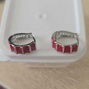 Chic Red and Silver Huggie Earrings
